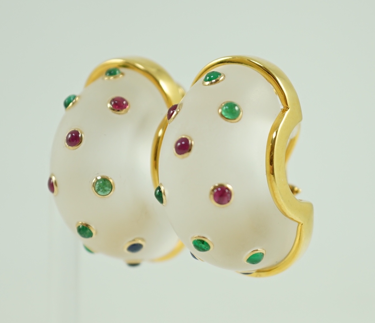 A pair of 20th century 14k gold, rock crystal and cabochon gem set demi-lune earrings
